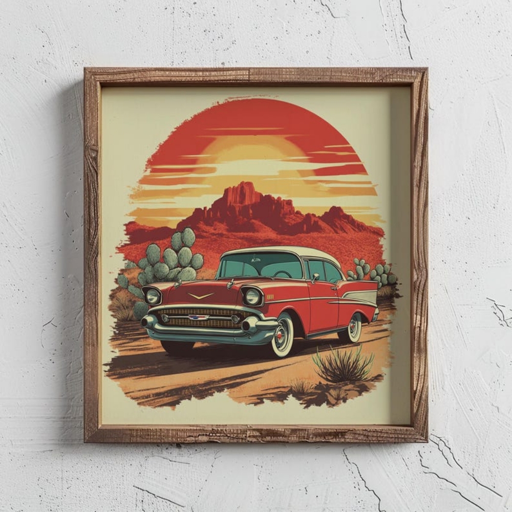Vintage Classic Car & Traditional Tattoo Flash Art Print- Retro Desert Ink Desig